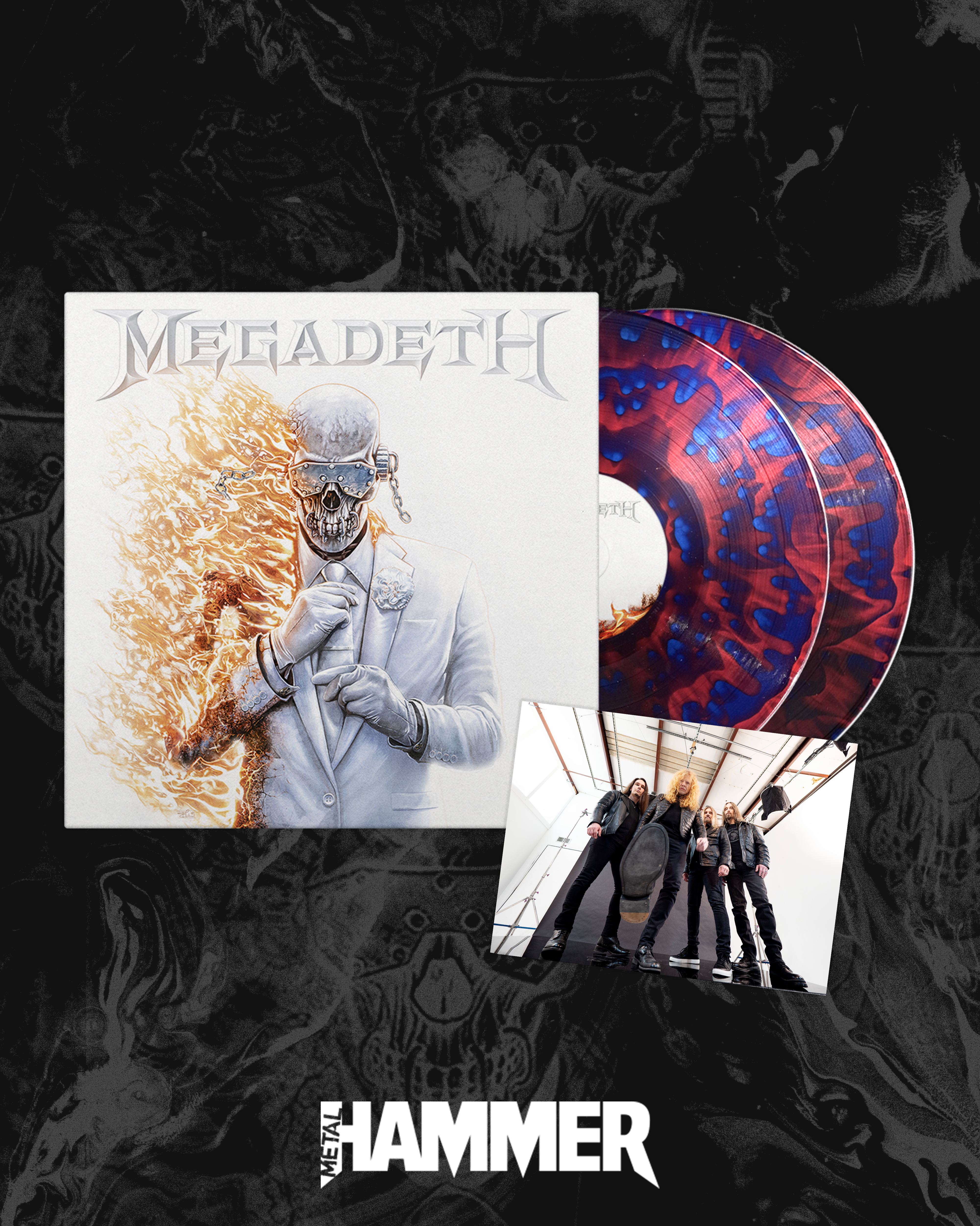 Megadeth vinyl next to an art card featuring the band&amp;rsquo;s four members