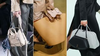 Three models taking layered bags down the catwalk, one of the big handbag trends 2024