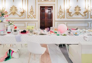In the ornate Norfolk House Music Room of the V&A, designers Scholten & Baijings have created a still life scene of deserted dinner party.