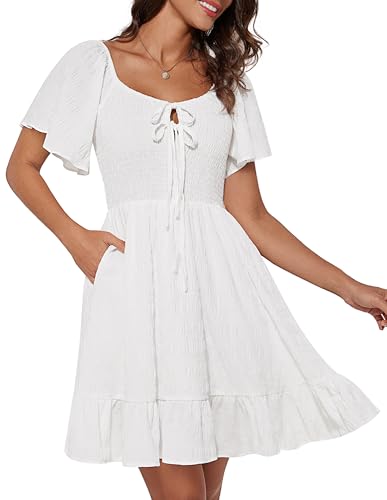 Grace Karin Summer Dresses for Women Uk Short Sleeves a Line Prom Dress Retro Crew Neck Flowy Dress White M