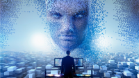 an AI-generated face facing off with a person in front of a terminal