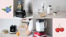 Images of the best blenders being tested: the Vitamix, Beast, KitchenAid, and Sage machines no a pink background with berry graphics