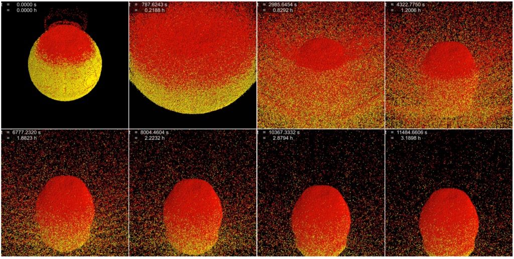 Simulation images show how gravity pulls asteroid pieces back together after an impact.