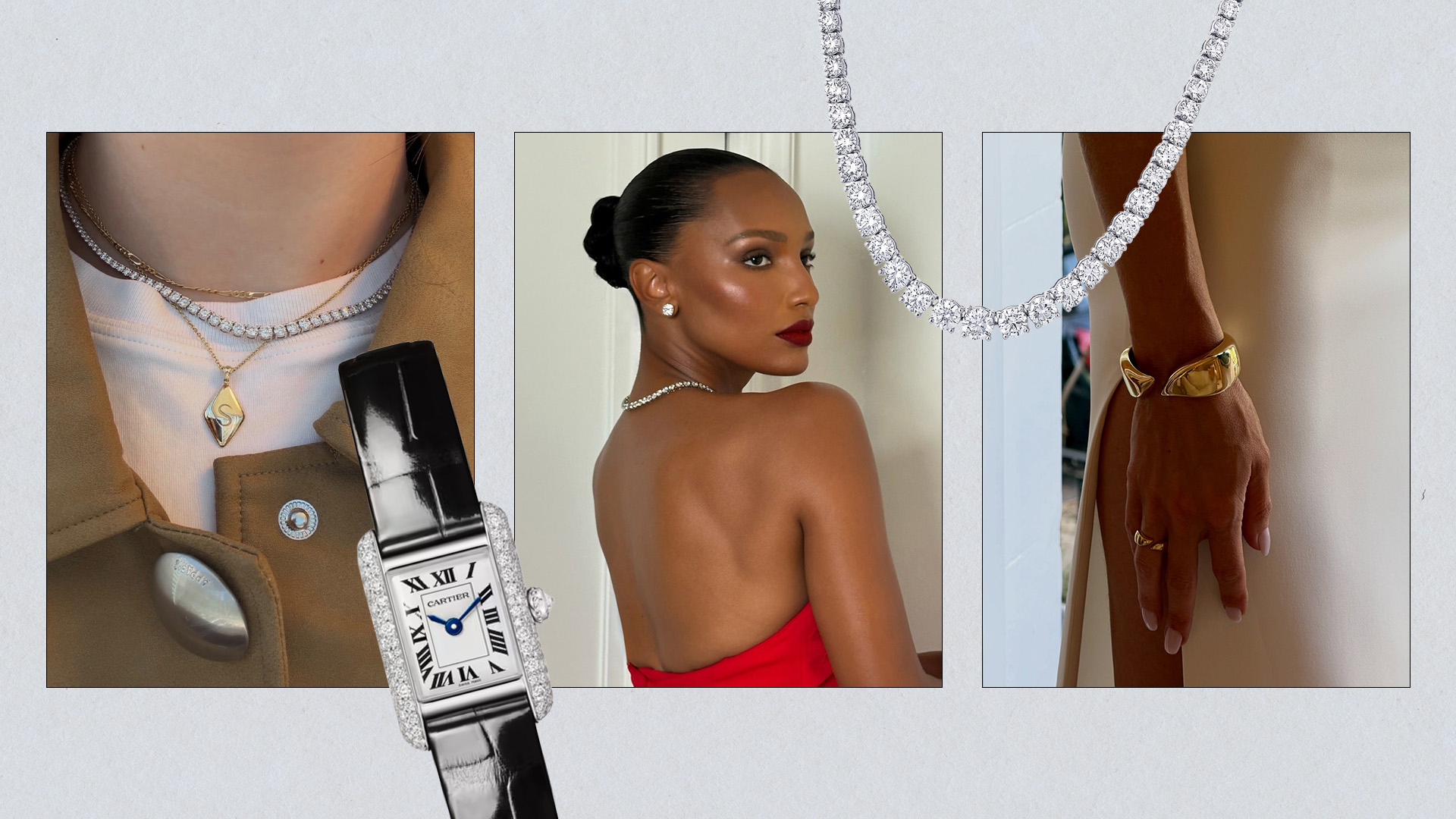 Collage of different women wearing the best fall 2026 luxury jewelry trends.