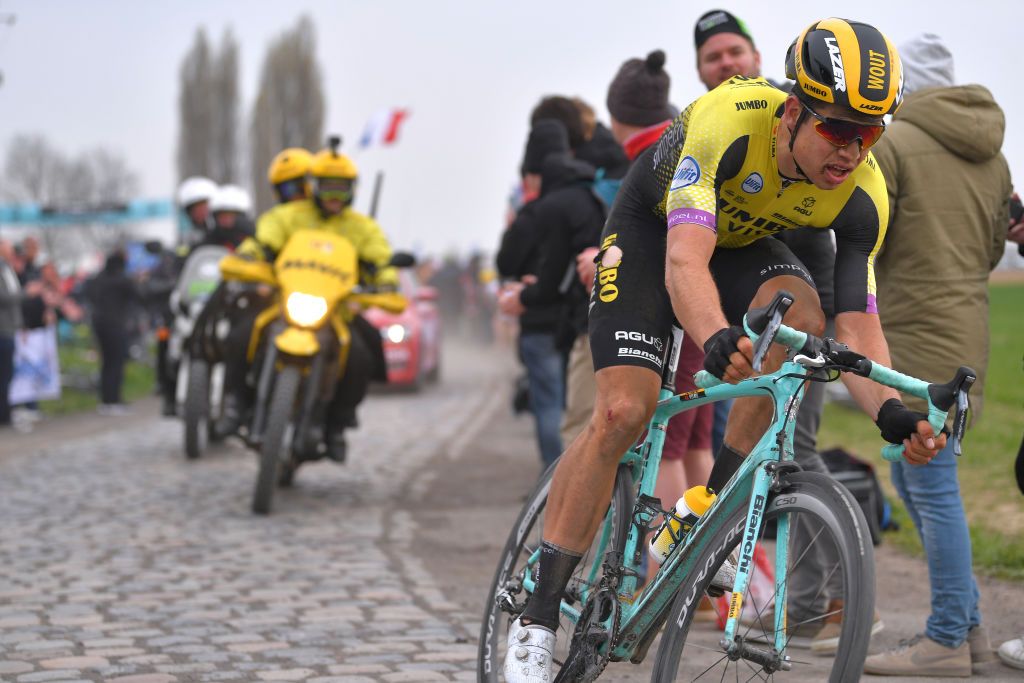 Wout Van Aert (Jumbo-Visma) chases back from his crash at the 2019 Paris-Roubaix