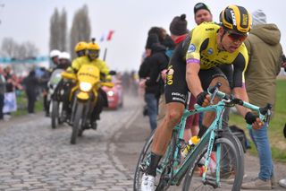 Wout van Aert (Jumbo-Visma) chases back from his crash at the 2019 Paris-Roubaix