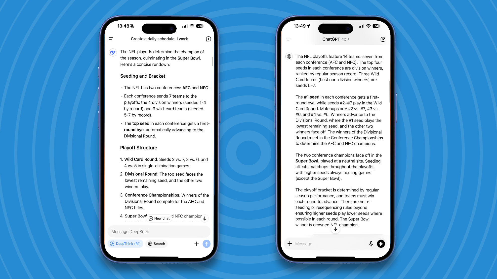 NFL Playoffs description DeepSeek (left) ChatGPT (right)