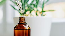 Close up of face serum pouring from a pipette into an amber glass bottle.