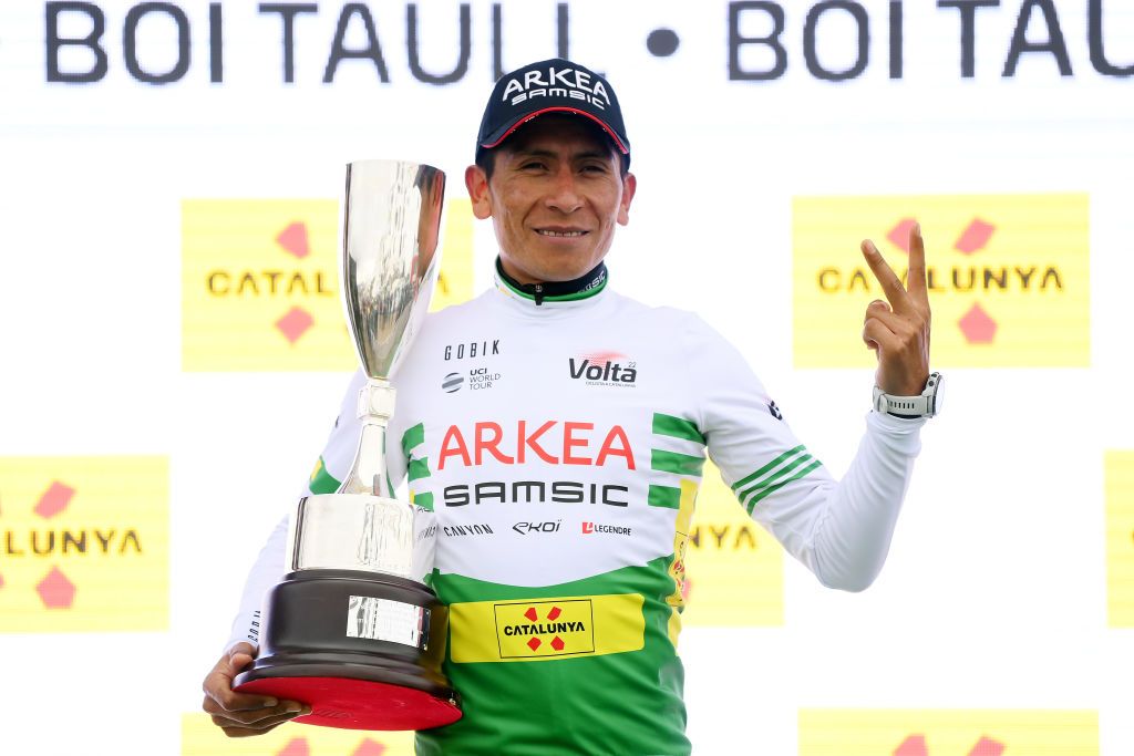 BO TALL SPAIN MARCH 24 Nairo Alexander Quintana Rojas of Colombia and Team Arka Samsic celebrates winning the Green Leader Jersey on the podium ceremony after the 101st Volta Ciclista a Catalunya 2022 Stage 4 a 1665km stage from La Seu dUrgell to Bo Tall 2015m VoltaCatalunya101 WorldTour on March 24 2022 in Bo Tall Spain Photo by David RamosGetty Images