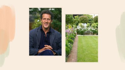 Compilation image of Monty Don head shot and a lawn to support Monty Don's lawn care tip