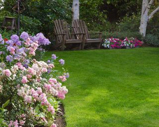 lawn with flower bed and chairs