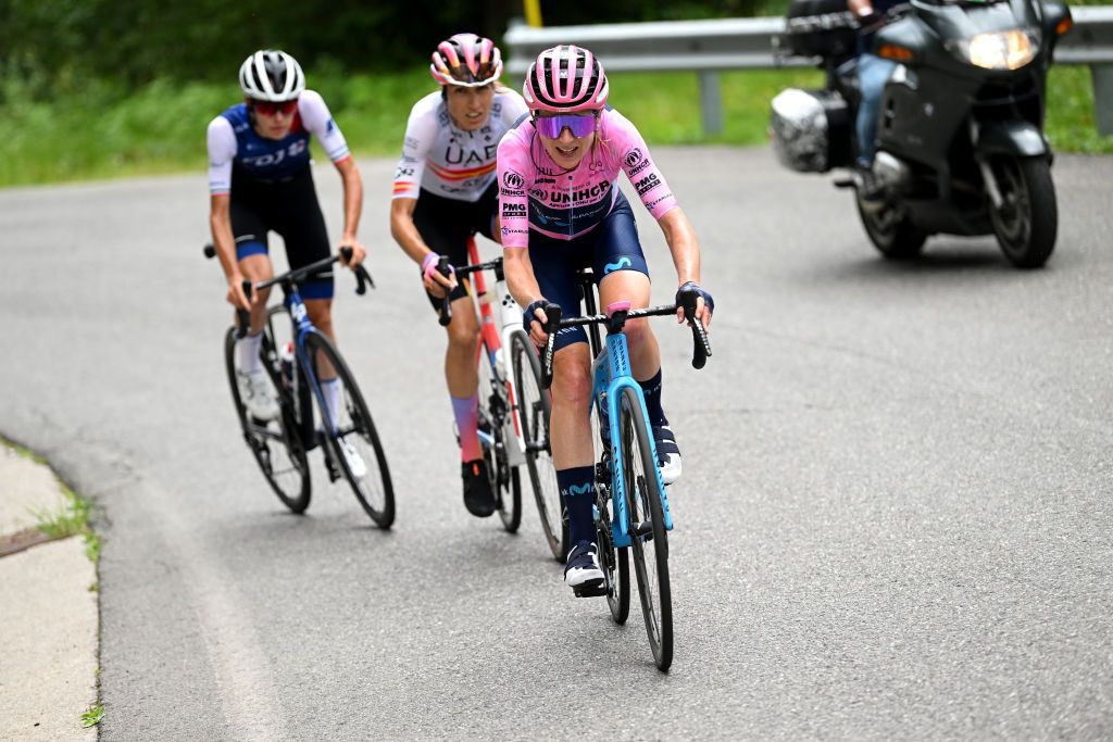 PASSO DEL MANIVA ITALY JULY 07 Annemiek Van Vleuten of Netherlands and Movistar Team pink leader jersey competes in the breakaway ahead of Margarita Victoria Garcia Caellas of Spain and UAE Team Adq and Marta Cavalli of Italy and Team FDJ Nouvelle Aquitaine Futuroscope during the 33rd Giro dItalia Donne 2022 Stage 7 a 1129km stage from Prevalle to Passo del Maniva 1743m GiroDonne UCIWWT on July 07 2022 in Passo del Maniva Italy Photo by Dario BelingheriGetty Images