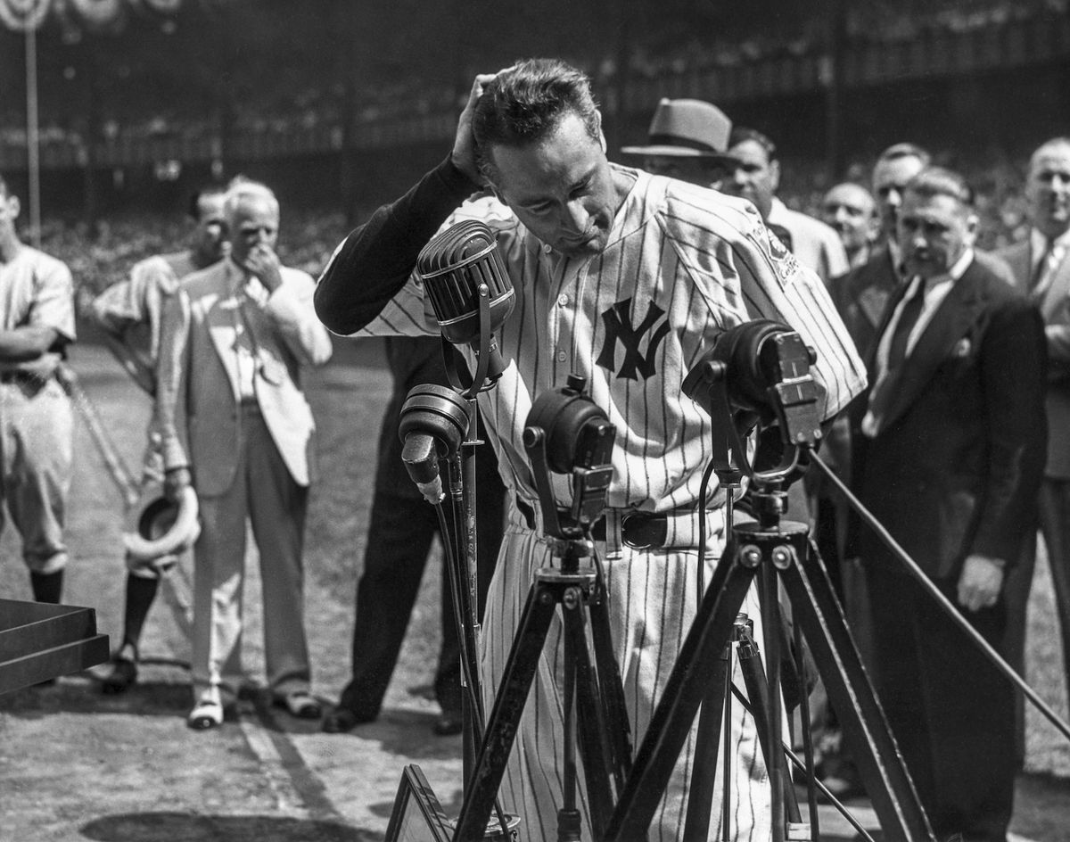 Lou Gehrig giving his farewell speech in Yankee Stadium in 1939