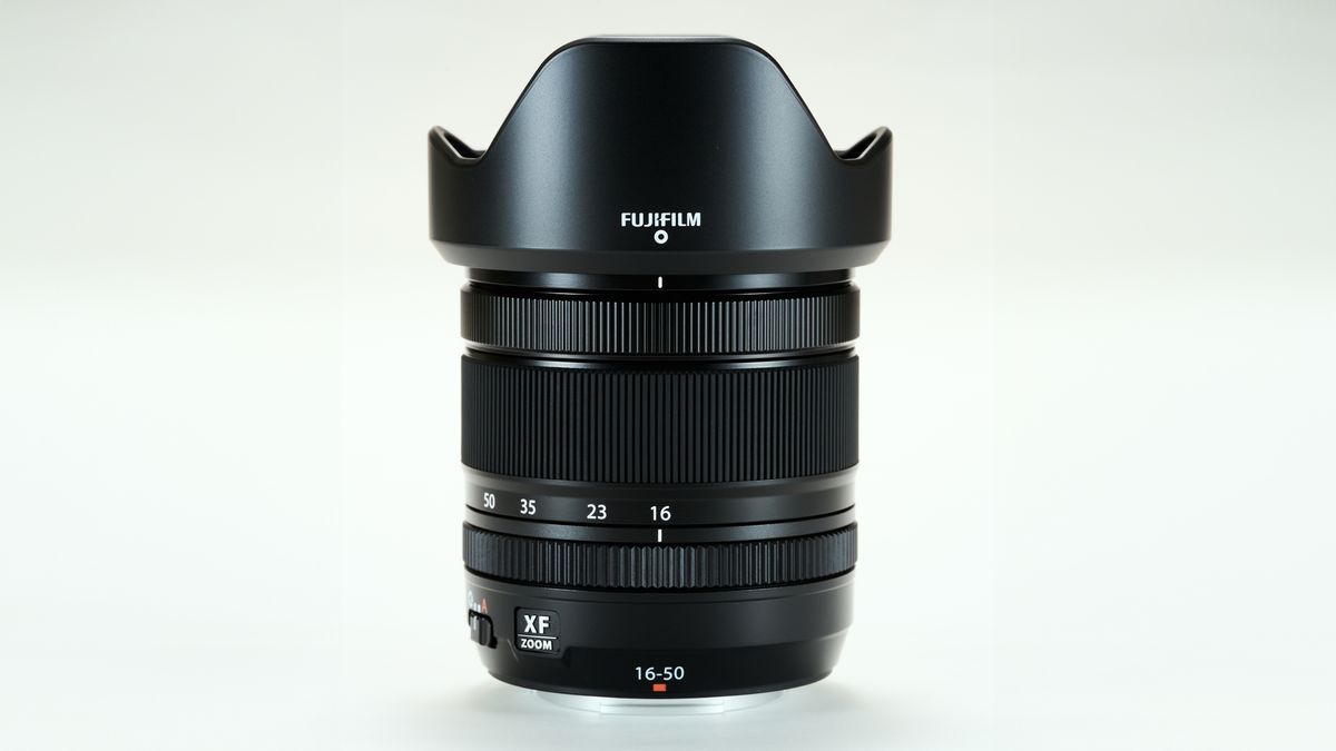 Fujifilm XF 16-50mm f/2.8-4.8 R LM WR lens against a plain light background