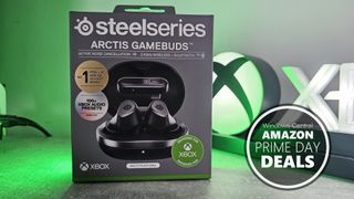 SteelSeries Arctis Gamebuds in box, in front of a lit up Xbox sign