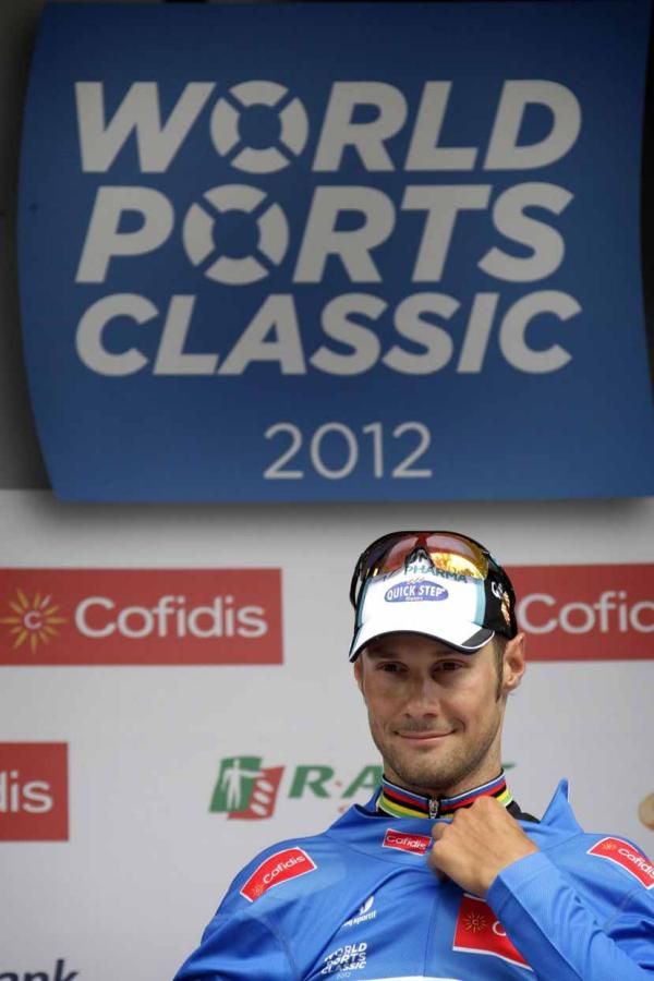 Tom Boonen (Omega Pharma-QuickStep) on the podium in Antwerp.