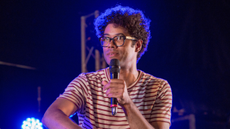 Richard Ayoade speaking at Latitude Festival.