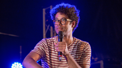 Richard Ayoade speaking at Latitude Festival.