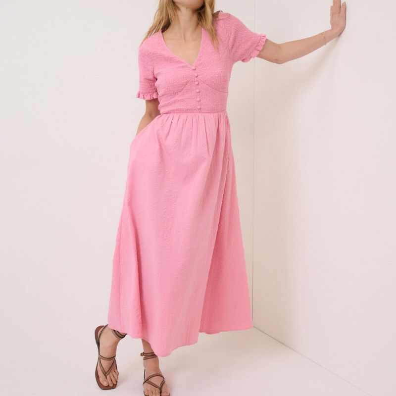 Nobody's Child, Pink Shirred V-Neck Eliza Midi Dress