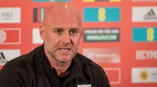 HENSOL, WALES - OCTOBER 14: Rob Page head coach of Wales talks to the press during the Wales Press Conference at The Vale Resort on October 14, 2023 in Hensol, Wales. (Photo by Athena Pictures/Getty Images)