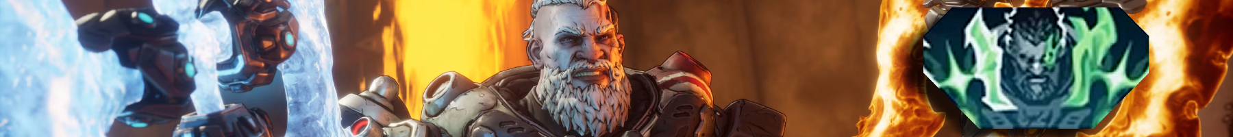 Borderlands 4 Amon levelling build: A banner featuring a close-up of Amon gritting his teeth and smiling while brandishing two elemental axes. There&#039;s a Crucible action skill icon on the right side.
