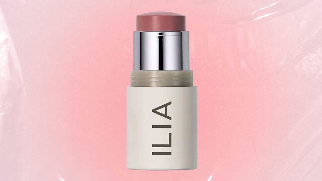 The ILIA Multi Stick pictured in a pink, textured template