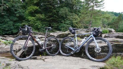 Image shows a road bike on the left and a gravel bike on the right.