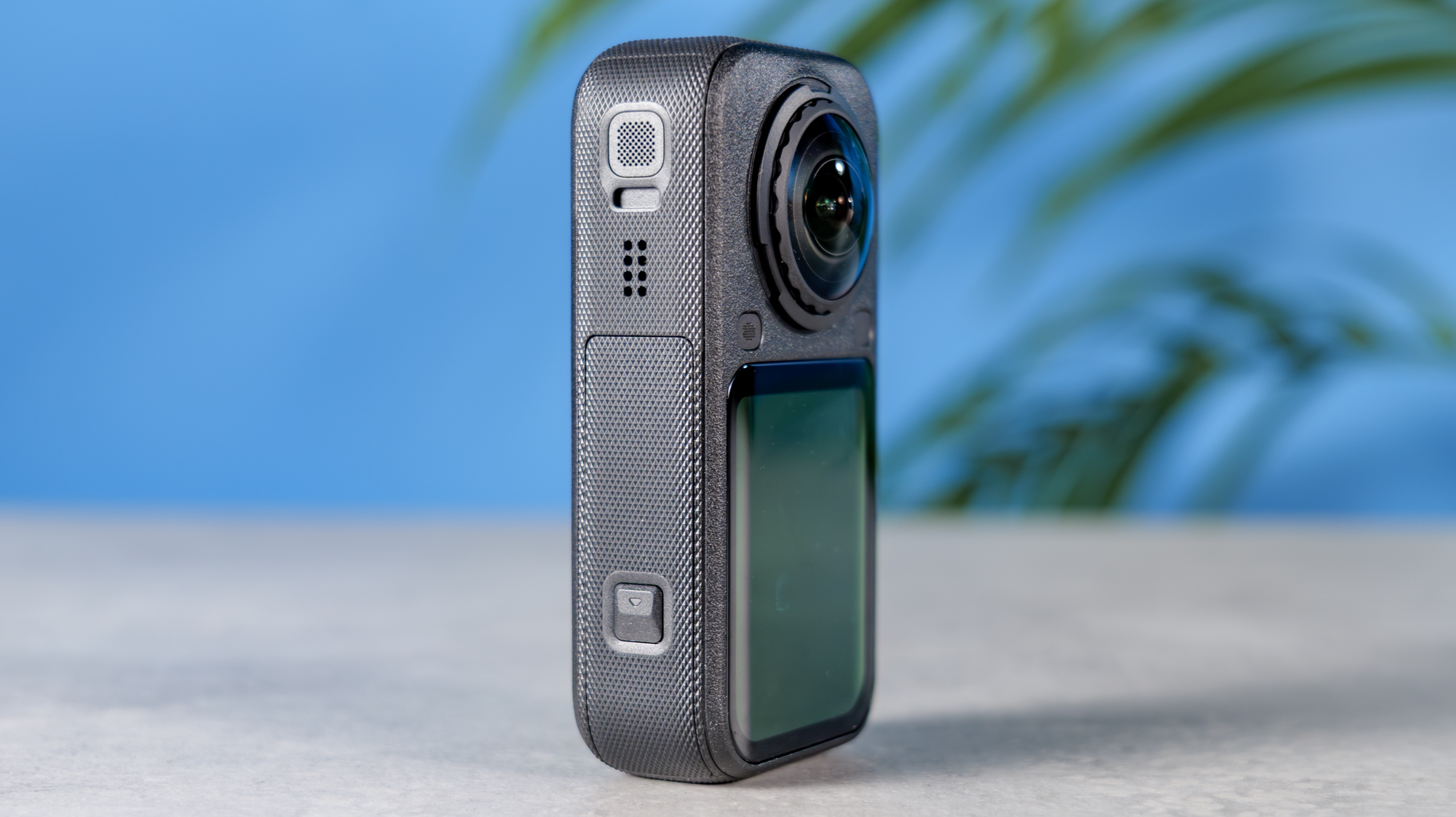 A photo of the Insta360 X6 on a stone surface