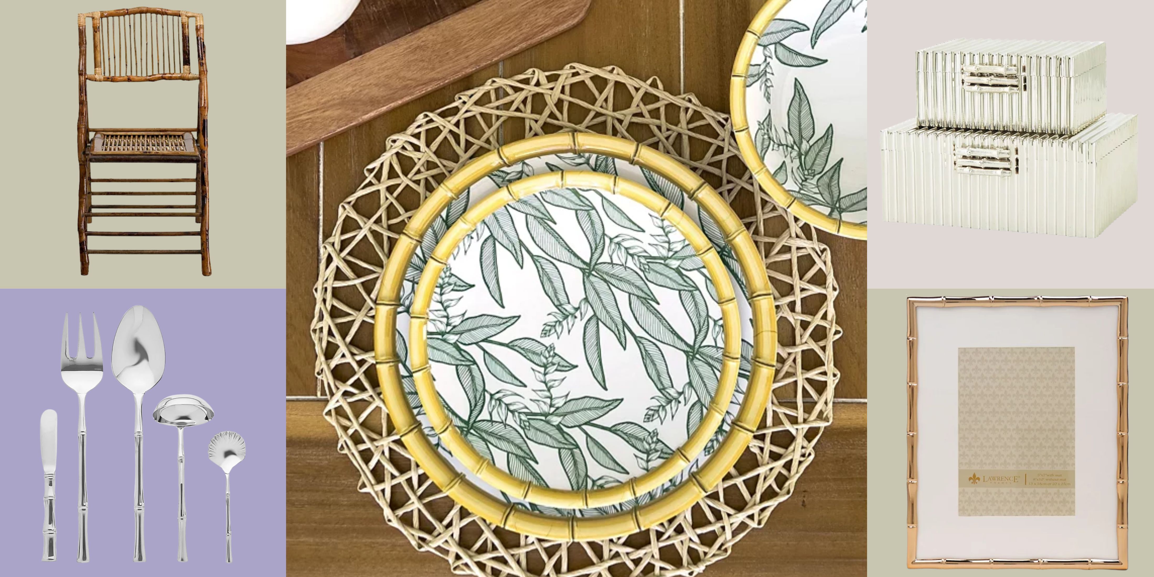 Bamboo decor from Macy's, including a folding chair, servware set, palm leaf-patterned plates, chrome boxes, and a brass picture frame, pictured against a colorful checkered background