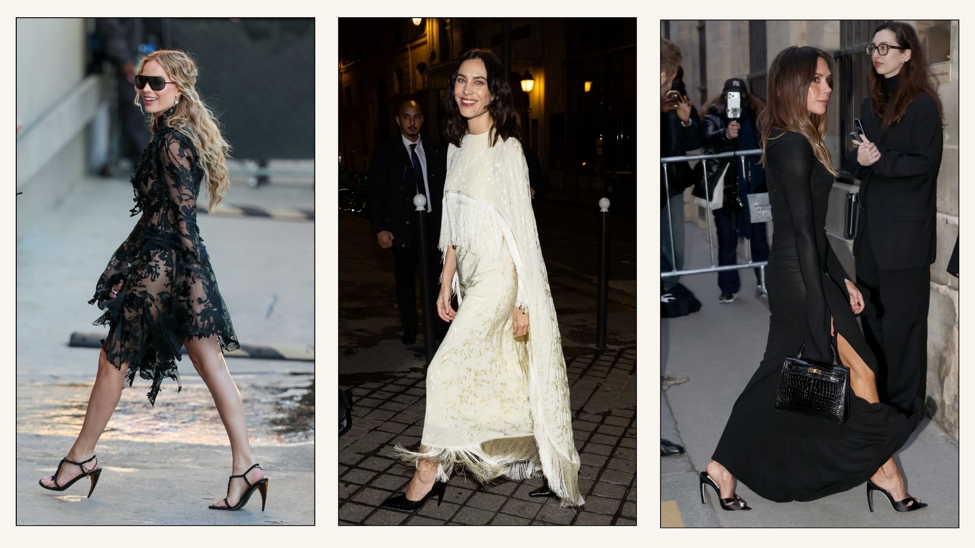 Collage of Margot Robbie, Alexa Chung and Victoria Beckham wearing curved heels.