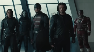 The entire team of the Thunderbolts*, Ghost, Taskmaster, John Walker, Bucky Barnes & Red Guardian, standing ready for battle. 