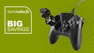 The Thrustmaster eSwap X Pro controller on a green background with white big savings text