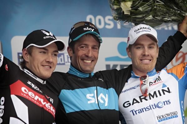 The Omloop Het Nieuwsblad podium: Heinrich Haussler (Cervelo TestTeam), Juan Antonio Flecha (Sky) and Tyler Farrar (Garmin-Transitions)