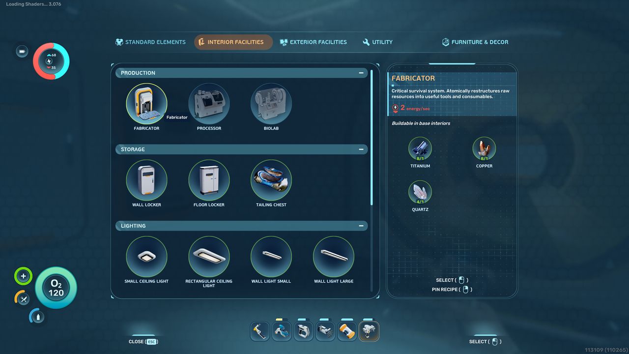 Subnautica 2 fully functional Fabricator: A player looking at the Fabricator recipe in the Habitat Builder menu.