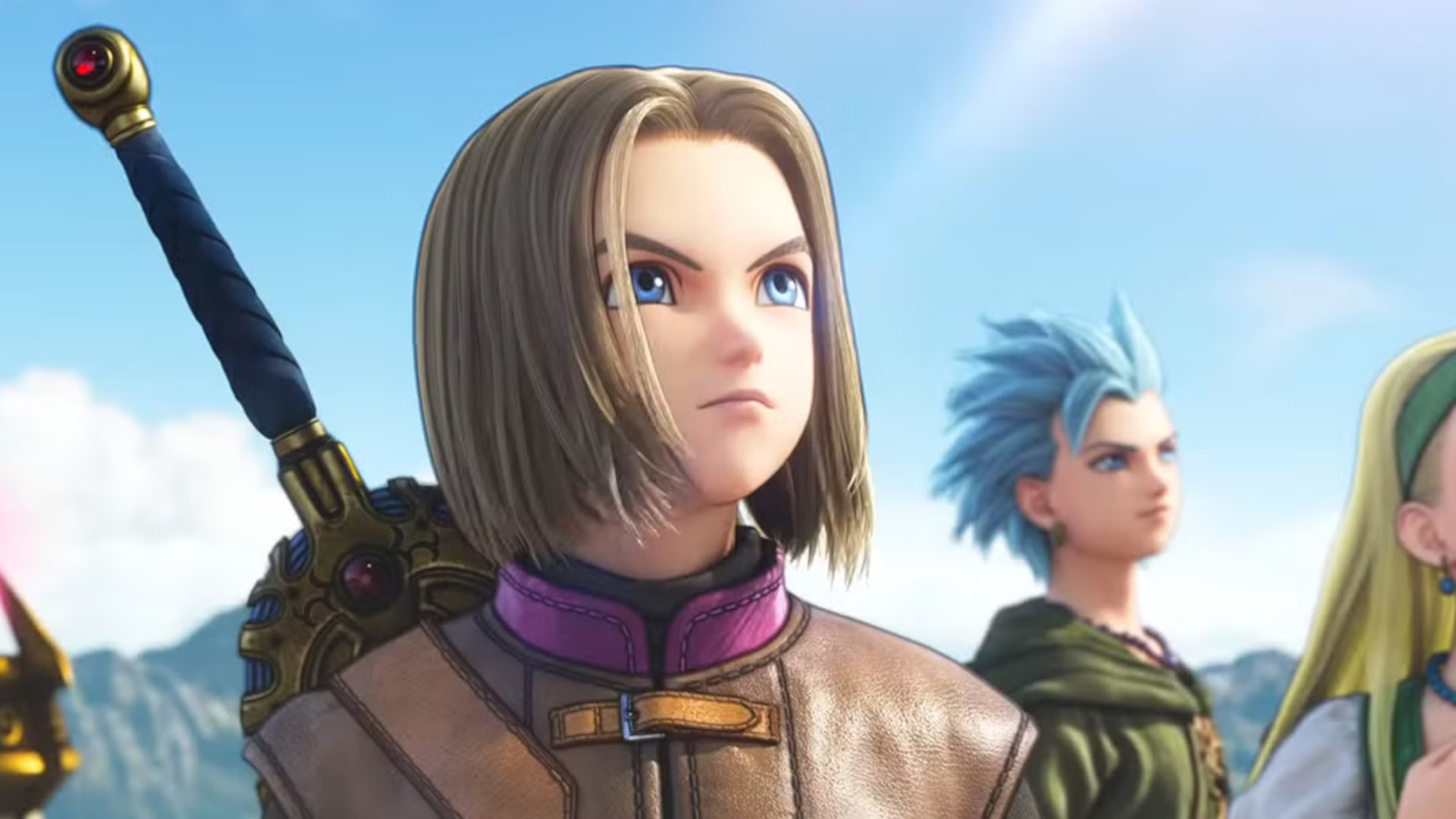 The hero looking up at the blue sky with Erik in the background during a cutscene in the beginner friendly RPG Dragon Quest 11 S: Echoes of an Elusive Age - Definitive Edition