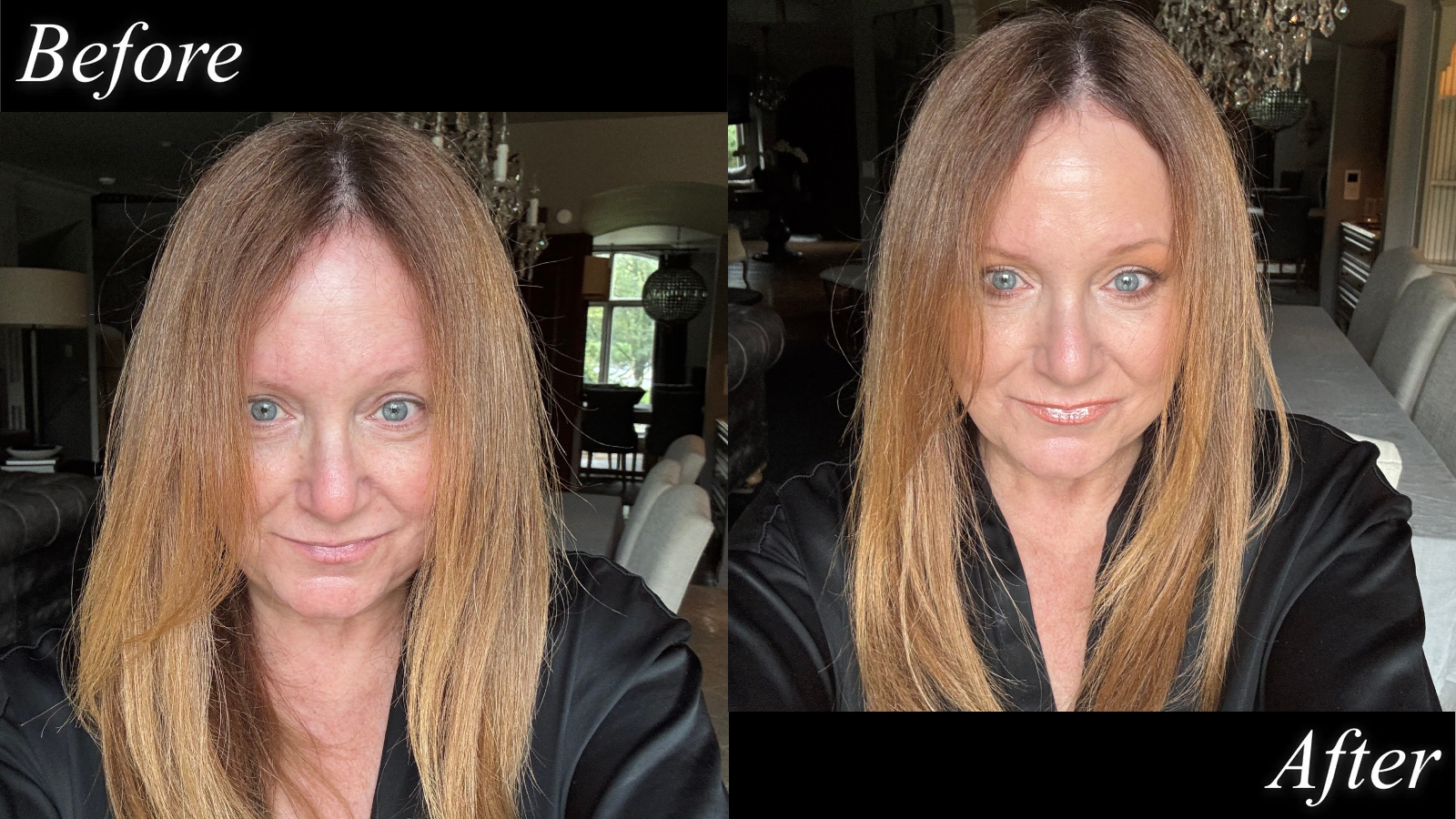 A woman with blonde and brown hair and a silk shirt before and after makeup.