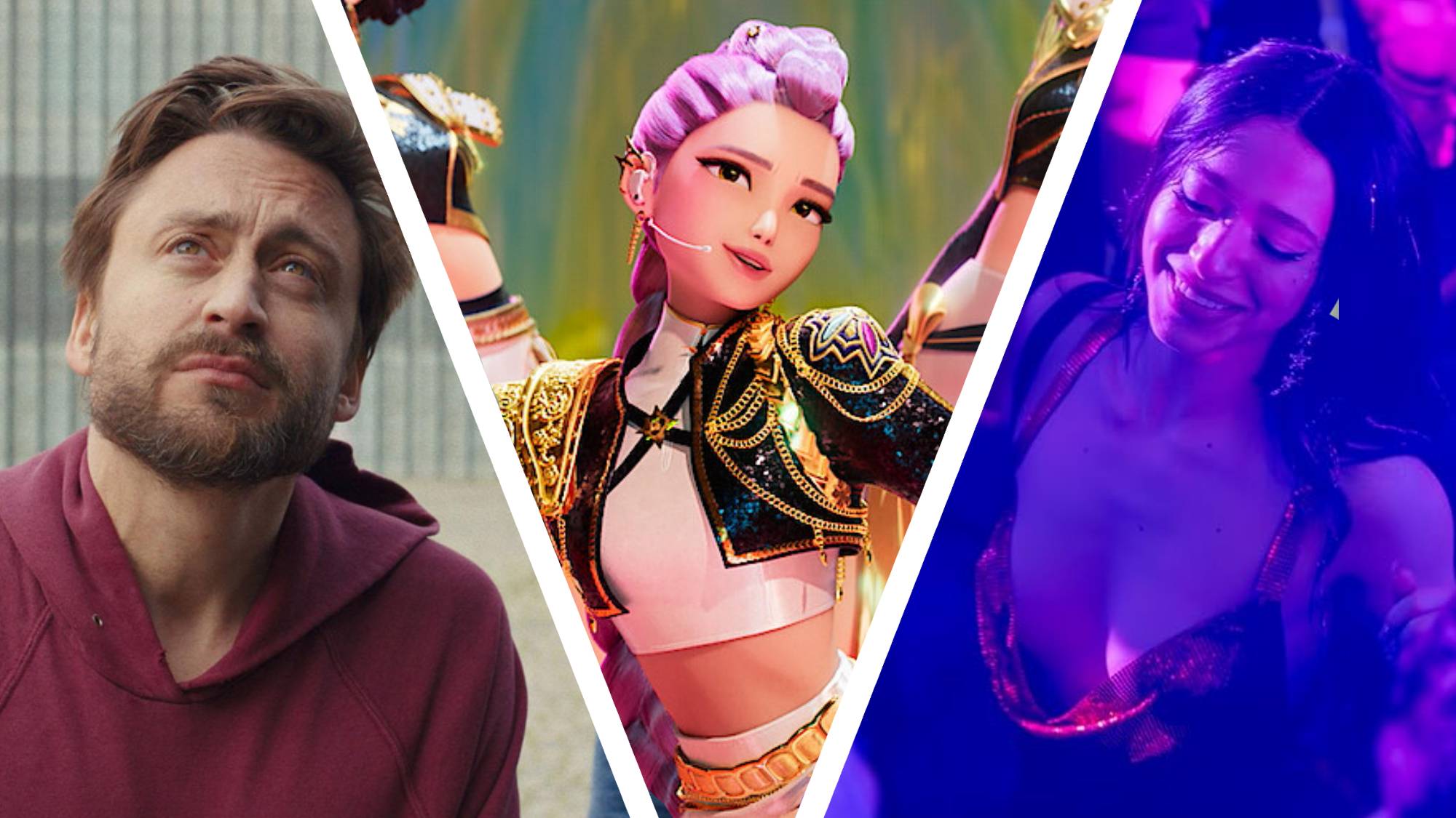 Three stills from the movies A Real Pain, KPop Demon Hunters, and Anora 