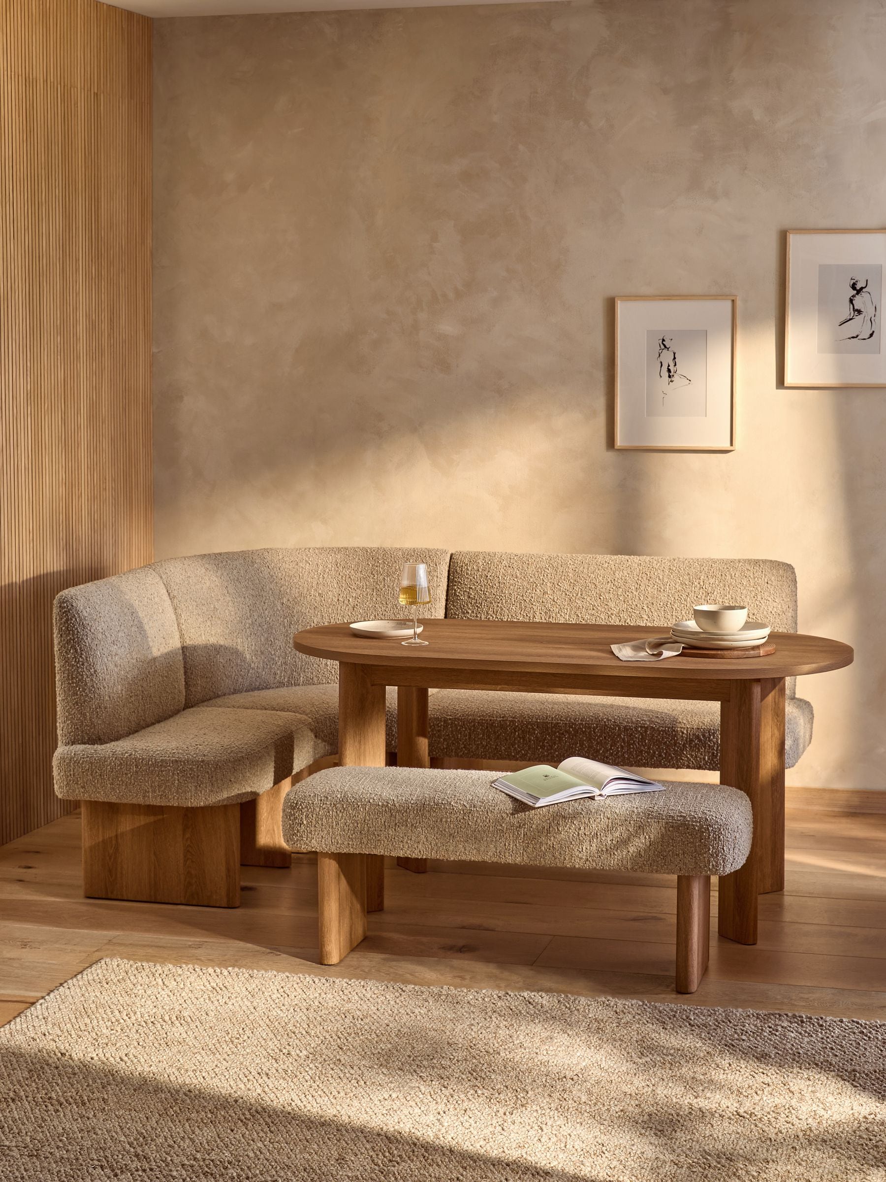 Tweedy Boucle Natural Mink Nomad Left Hand Corner Dining Table and Bench Set