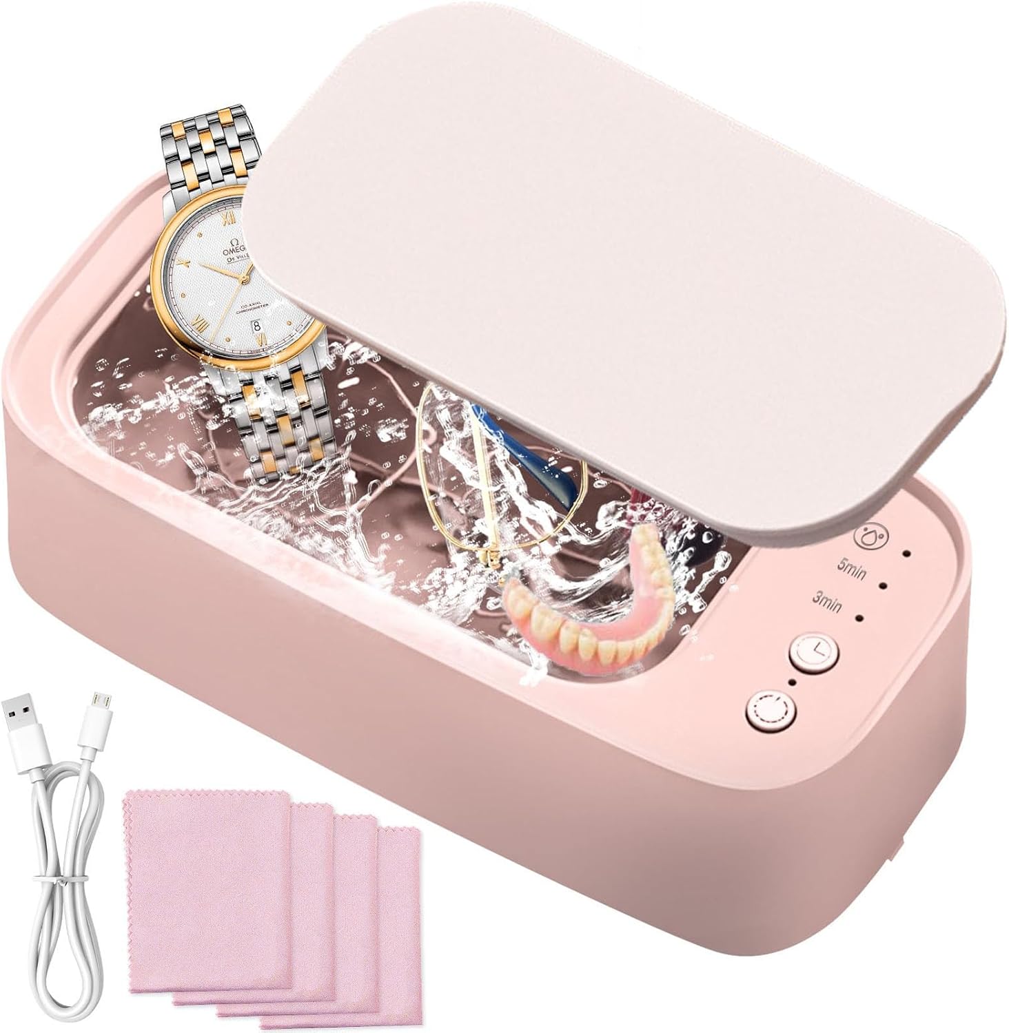 Ultrasonic Cleaner Machine, Portable Ultrasonic Jewellery Cleaner Glasses Cleaner With 3 Cleaning Modes and Timer Pink