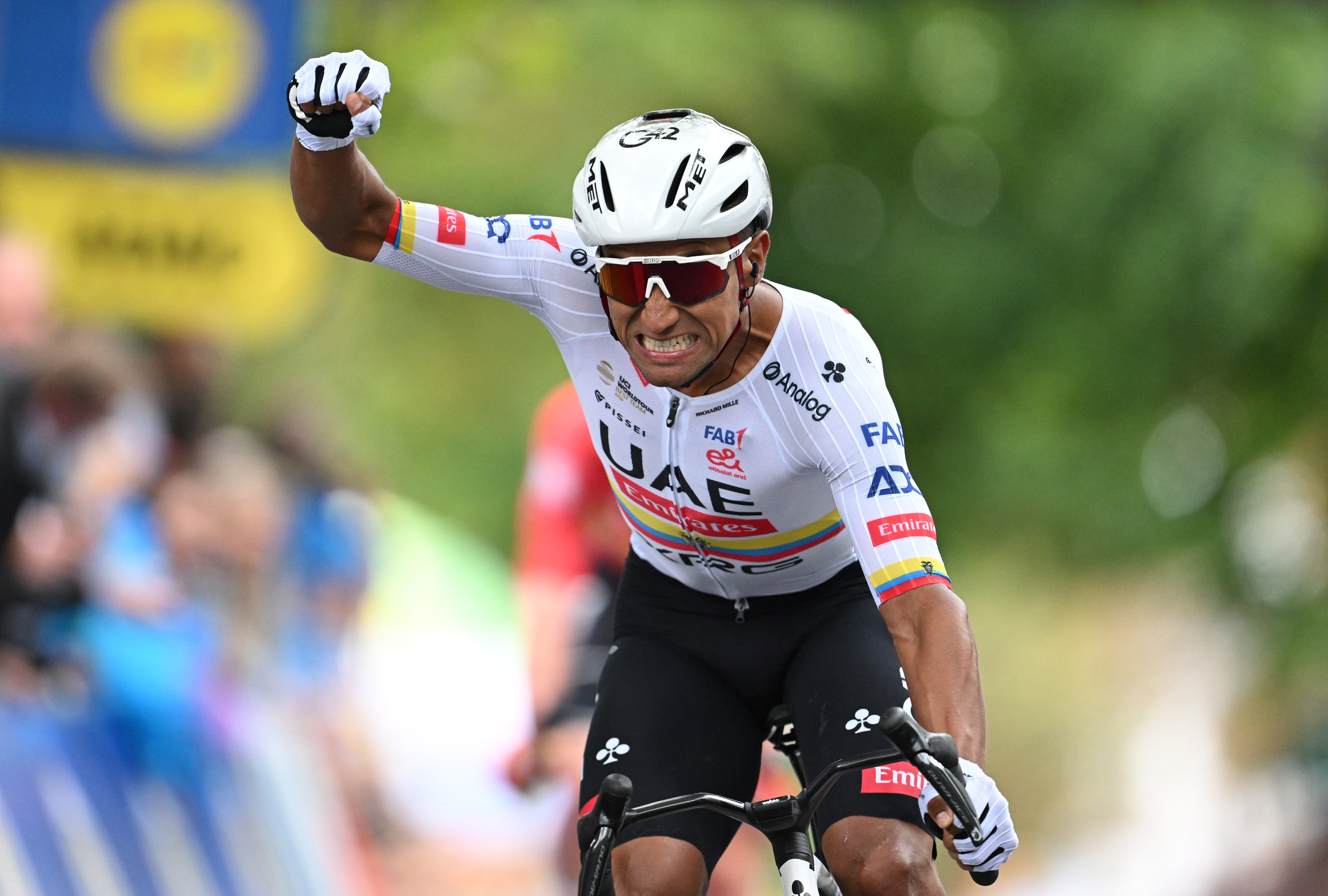 ARNSBERG, GERMANY - AUGUST 22: Jhonatan Narvaez of Ecuador and UAE Team Emirates - XRG celebrates at finish line as stage winner during the 40th Deutschland Tour 2025, Stage 3 a 190.3km stage from Herford to Arnsberg on August 22, 2025 in Arnsberg, Germany. (Photo by Christian Kaspar-Bartke/Getty Images)