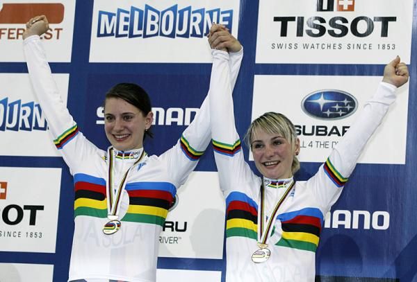 Team sprint world champions, Miriam Welte and Kristina Vogel of Germany, on the podium in their rainbow-striped jersey.
