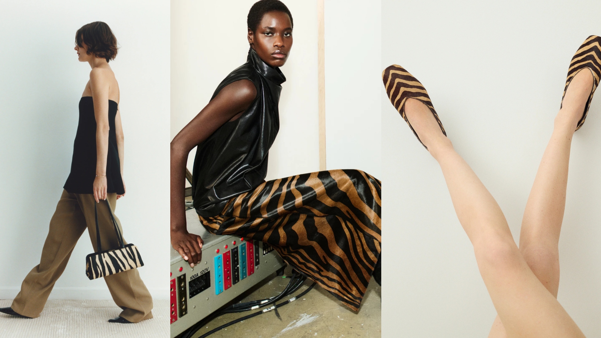Models wearing Verafied, Simkhai and Madewell with zebra print accessories and skirts.