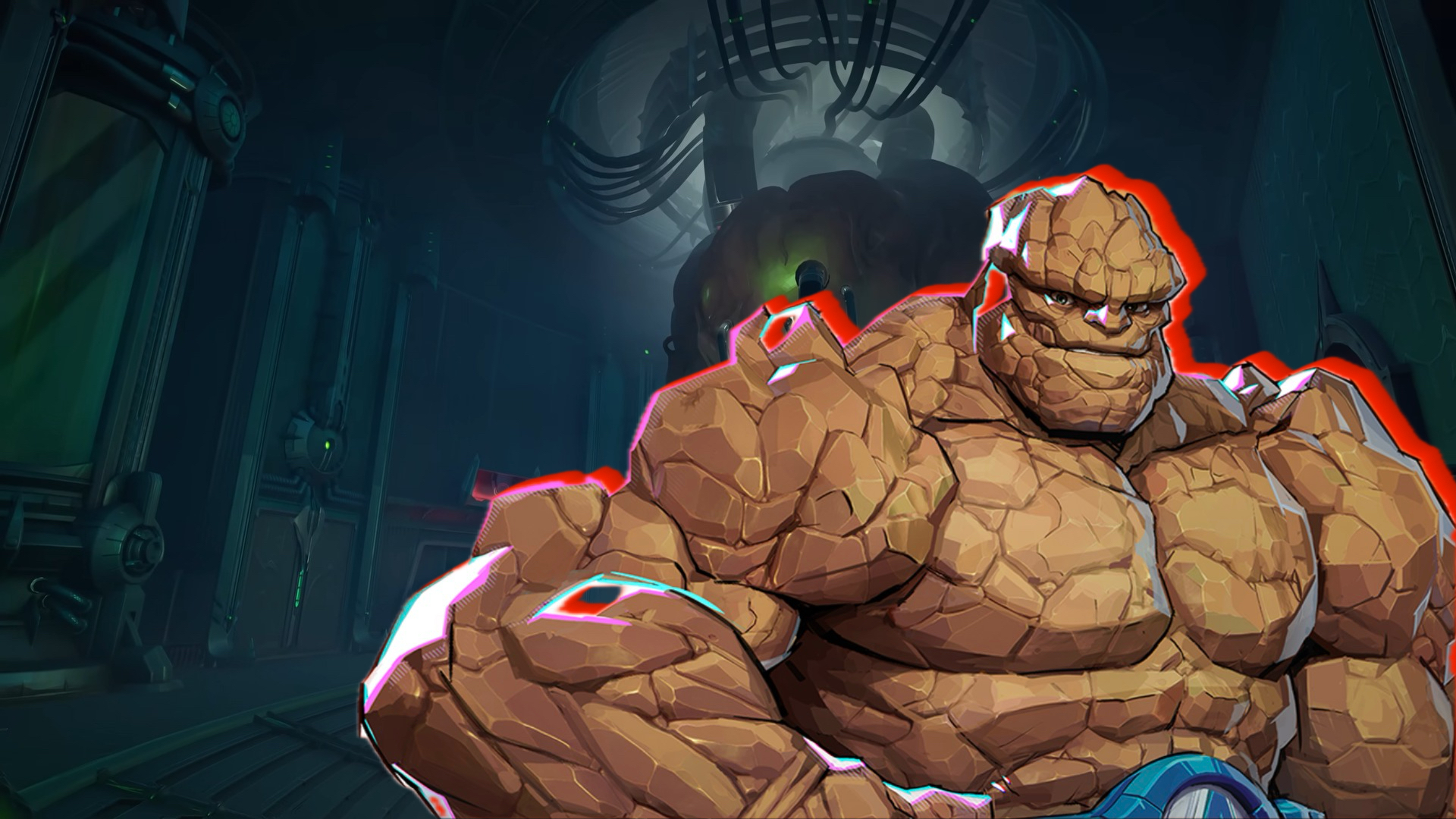 The Thing poses against a gloomy laboratory background