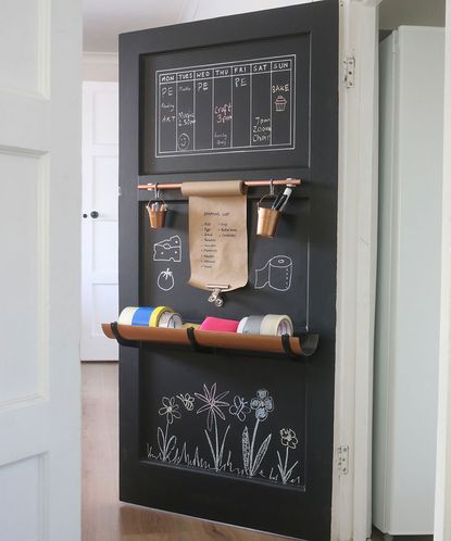 room with black door shelves 