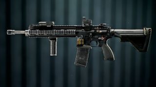 Battlefield 6 DRS-IAR loadout: A side-on view of the DRS-IAR LMG, equipped with attachments, a charm, and a spray, set against a dark blue stripey background.