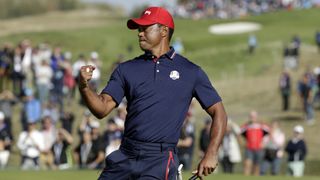 Tiger Woods competing in the 2018 Ryder Cup