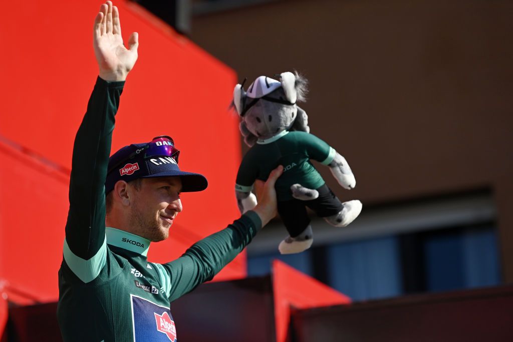 LEKUNBERRI SPAIN SEPTEMBER 10 Kaden Groves of Australia and Team AlpecinDeceuninck celebrates at podium as Green points jersey winner during the 78th Tour of Spain 2023 Stage 15 a 1583km stage from Pamplona to Lekunberri UCIWT on September 10 2023 in Lekunberri Spain Photo by Tim de WaeleGetty Images