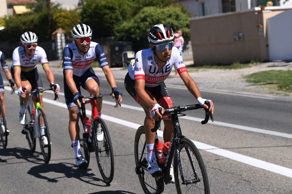 GARD FRANCE SEPTEMBER 03 Fabio Aru of Italy and UAE Team Emirates Edward Theuns of Belgium and Team Trek Segafredo Mads Pedersen of Denmark and Team Trek Segafredo World Champion Jersey during the 107th Tour de France 2020 Stage 6 a 191km stage from Le Teil to Mont AigoualGard 1560m TDF2020 LeTour on September 03 2020 in Gard France Photo by Tim de WaeleGetty Images