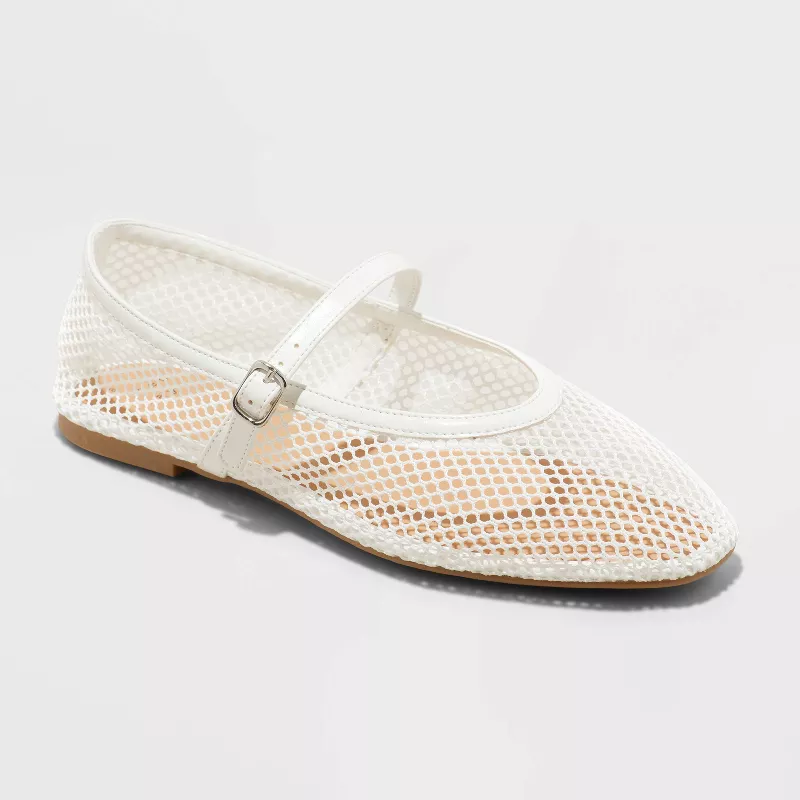 Women's Mel Fishnet Mesh Mary Jane Ballet Flats With Memory Foam Insole - a New Day™ Off-White 11: Medium Width, Pull-On Style