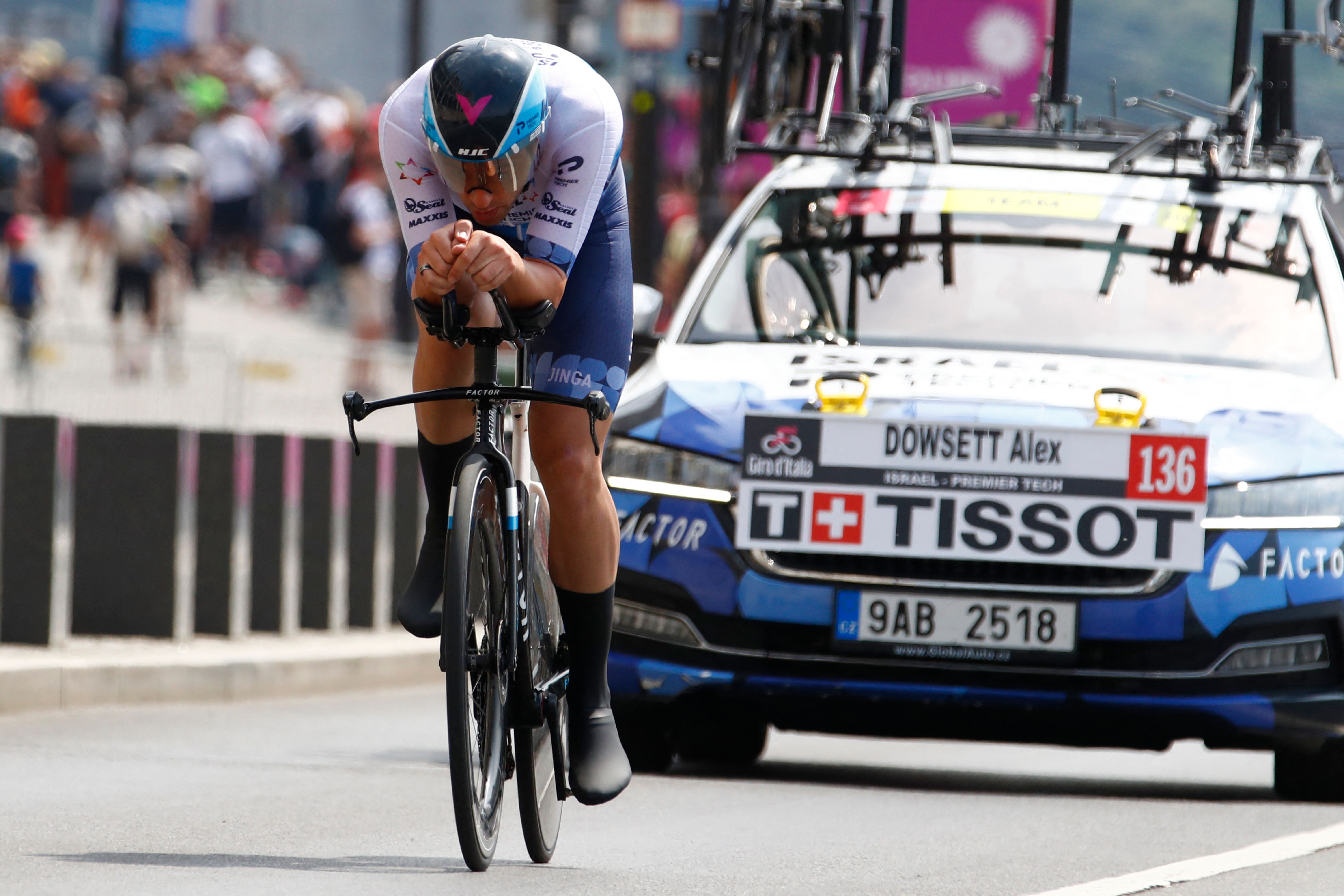 Team IsraelPremier Techs British rider Alex Dowsett competes during the second stage of the Giro dItalia 2022 cycling race a 92 kilometers individual time trial in Budapest Hungary on May 7 2022 Photo by Luca Bettini AFP Photo by LUCA BETTINIAFP via Getty Images